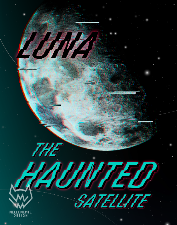 Luna moon poster with retro glitch effects and red and cyan typography on starry space background.