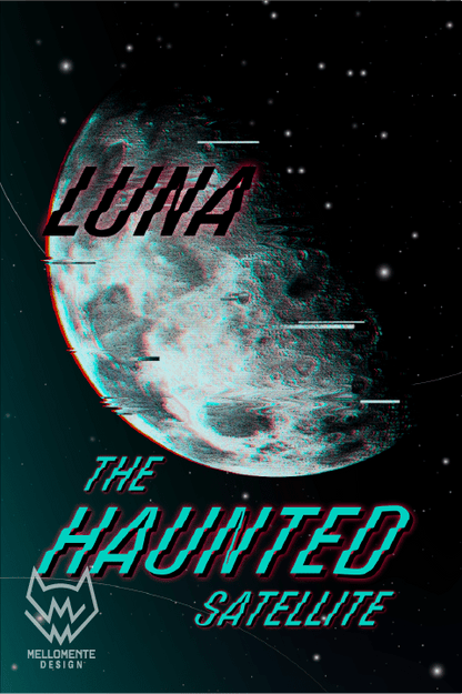 Luna moon poster with retro glitch effects and red and cyan typography on starry space background.