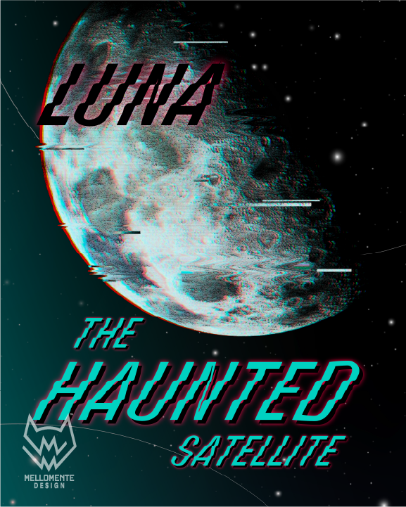 Luna moon poster with retro glitch effects and red and cyan typography on starry space background.