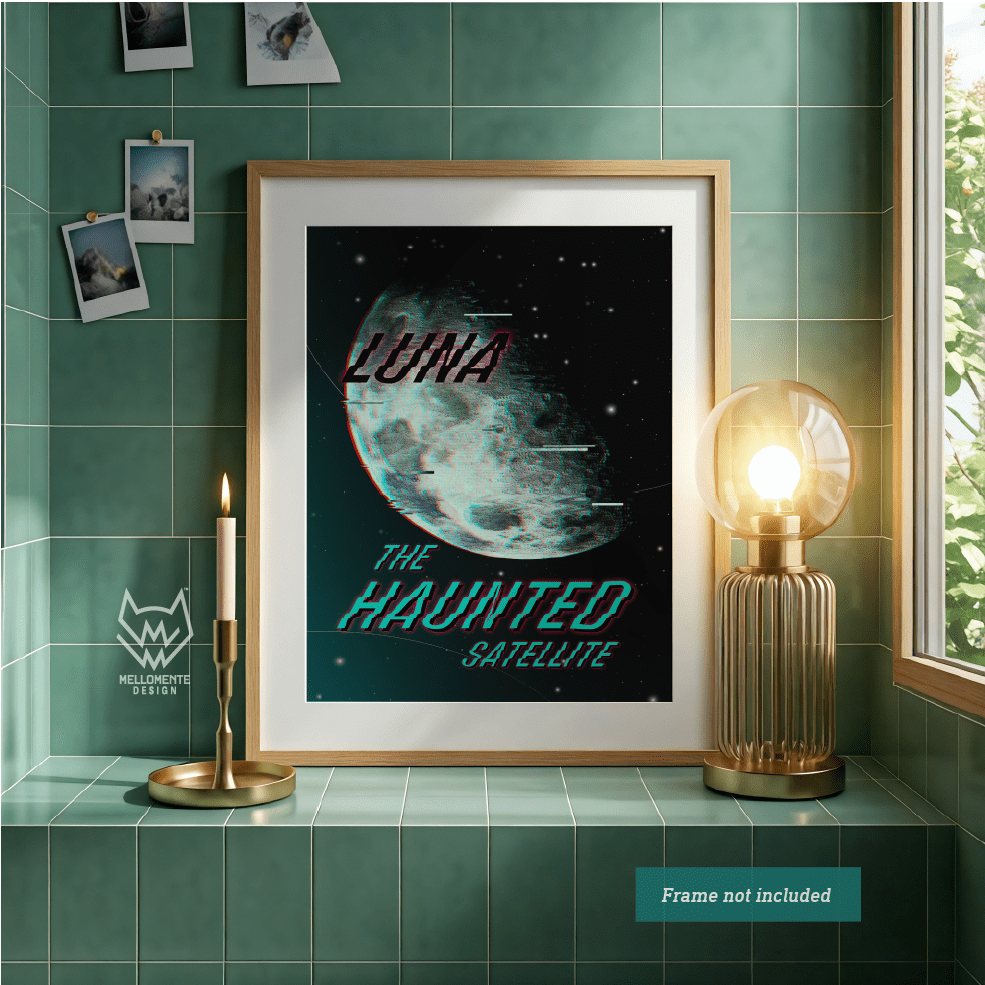 Luna - The Haunted Satellite moon poster displayed in wooden frame on green tiled wall with candle and lamp decor.