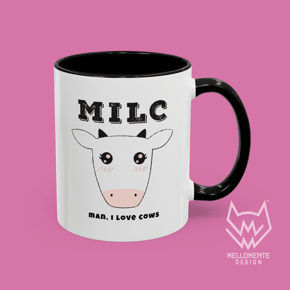 White mug with black interior featuring cow illustration and text 'MILC - Man, I love cows' on a solid background.
