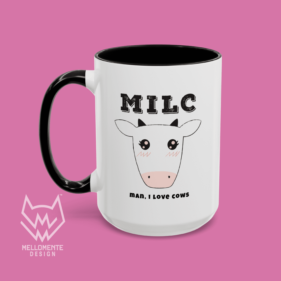 White mug with black interior featuring cow illustration and text 'MILC - Man, I love cows' on a solid background.
