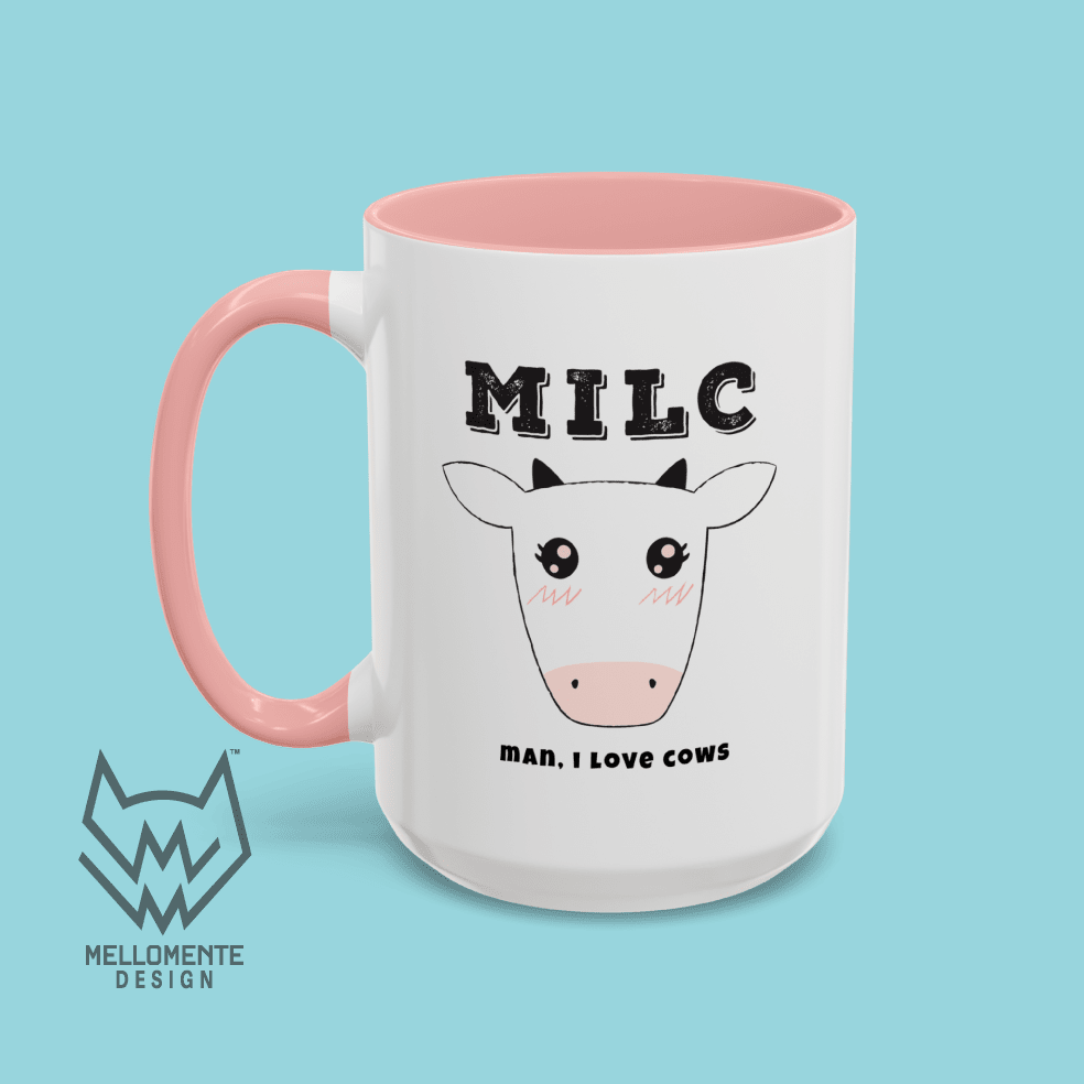 White mug with pink interior featuring cow illustration and text 'MILC - Man, I love cows' on a solid background.