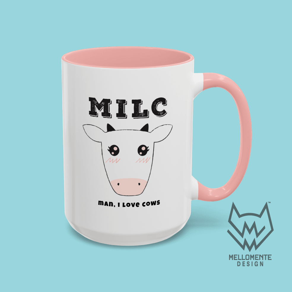 White mug with pink interior featuring cow illustration and text 'MILC - Man, I love cows' on a solid background.
