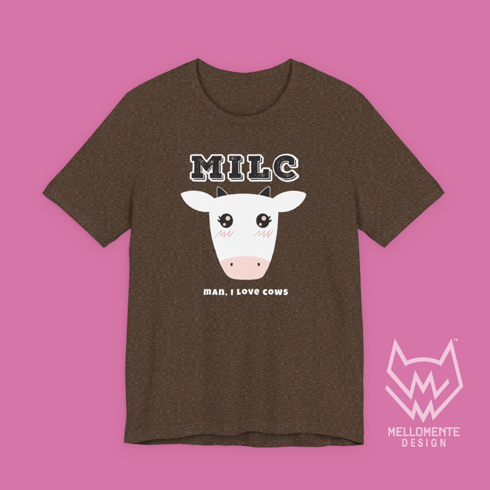 Brown t-shirt with a cow graphic and 'MILC - Man, I love cows' text on a solid background.