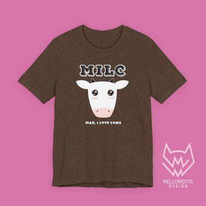 Brown t-shirt with a cow graphic and 'MILC - Man, I love cows' text on a solid background.
