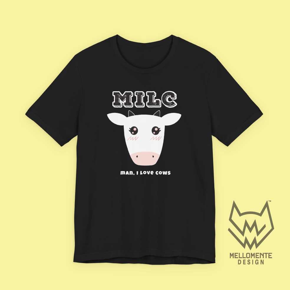 Black t-shirt with a cow graphic and 'MILC - Man, I love cows' text on a solid background.