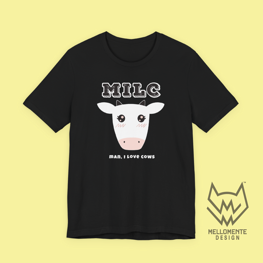 Black t-shirt with a cow graphic and 'MILC - Man, I love cows' text on a solid background.