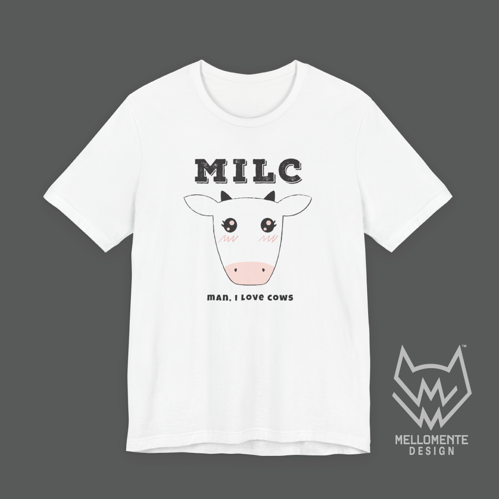 White t-shirt with a cow graphic and 'MILC - Man, I love cows' text on a solid background.