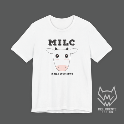 White t-shirt with a cow graphic and 'MILC - Man, I love cows' text on a solid background.