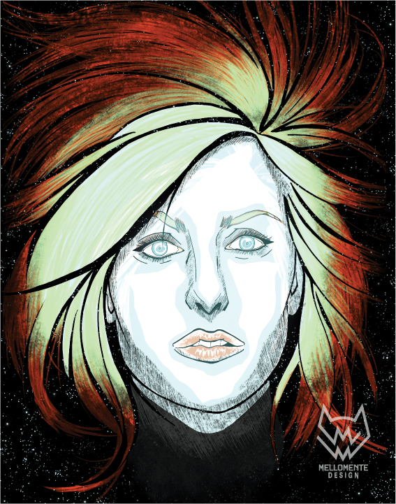 Sci-fi portrait of a glowing woman with red hair and mint green accents in a cosmic neon setting.