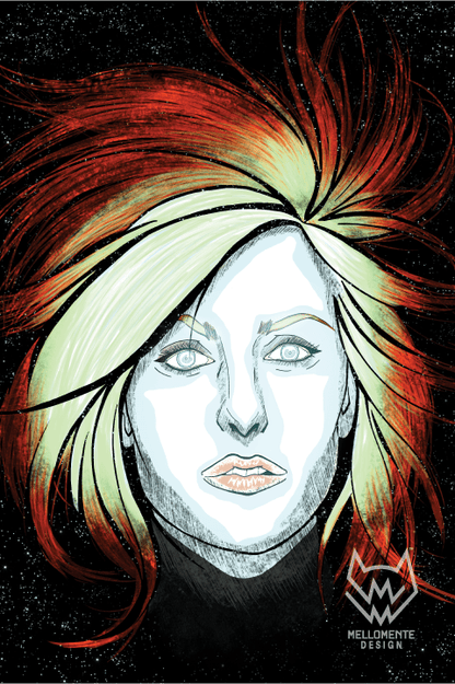 Sci-fi portrait of a glowing woman with red hair and mint green accents in a cosmic neon setting.