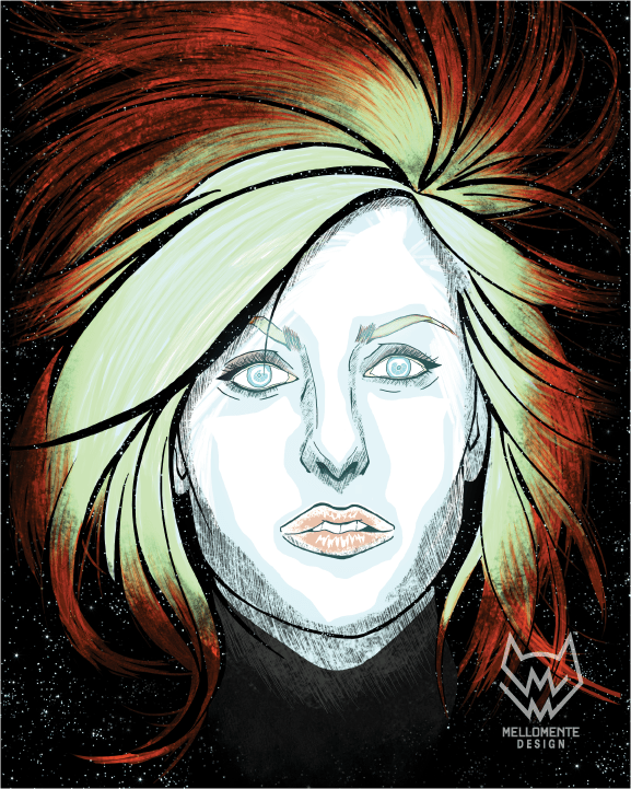 Sci-fi portrait of a glowing woman with red hair and mint green accents in a cosmic neon setting.