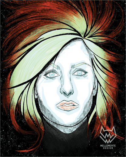 Sci-fi portrait of a glowing woman with red hair and mint green accents in a cosmic neon setting.