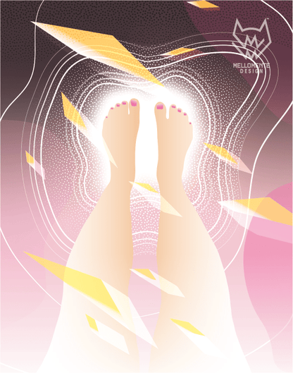 Surreal pink art print showing feet standing in glowing light with scattered golden shards.