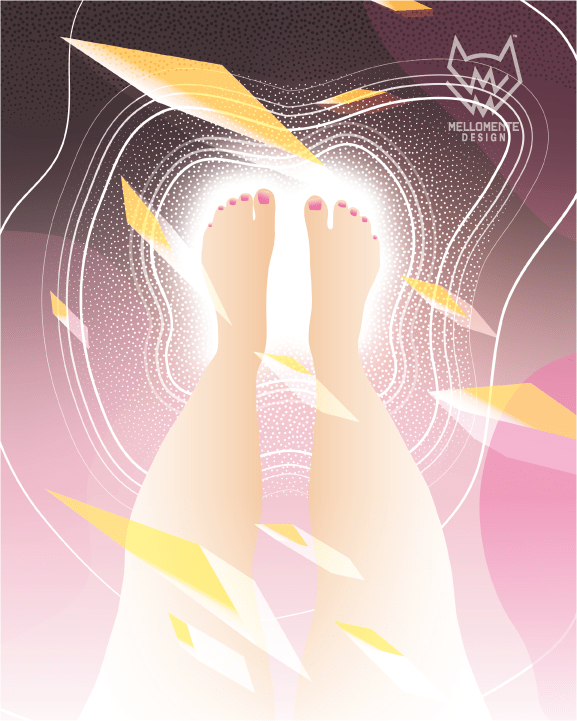 Surreal pink art print showing feet standing in glowing light with scattered golden shards.