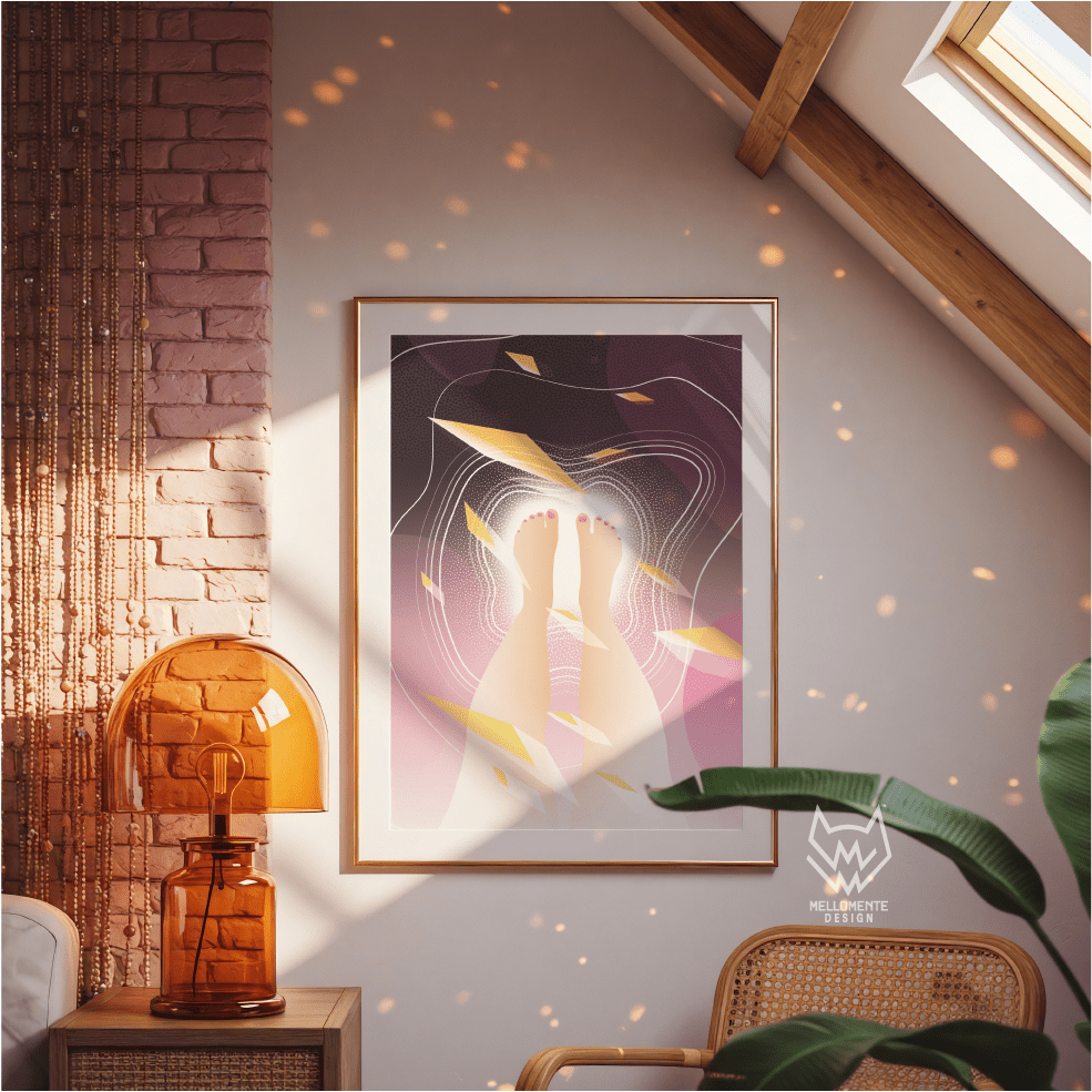 Framed abstract art on a wall with a lamp and plant in a room with wooden beams and scattered light. Framed art shown as display suggestion.