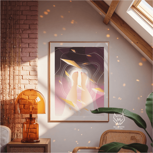 Framed abstract art on a wall with a lamp and plant in a room with wooden beams and scattered light. Framed art shown as display suggestion.