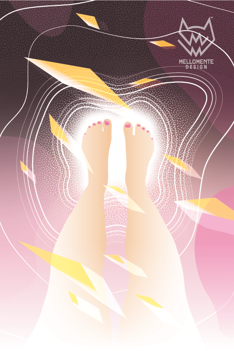 Surreal pink art print showing feet standing in glowing light with scattered golden shards.