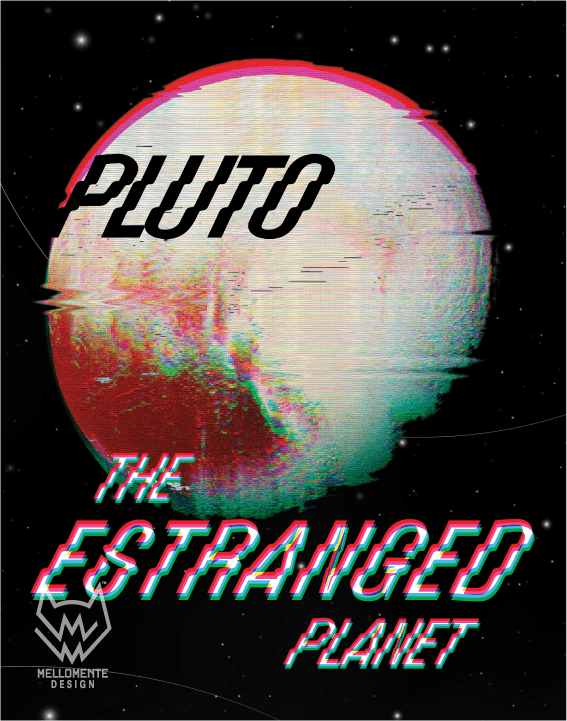 Glitch art style depiction of Pluto with text 'PLUTO The Estranged Planet' on a starry background.