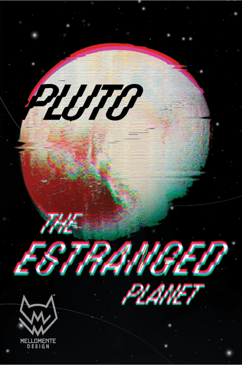 Glitch art style depiction of Pluto with text 'PLUTO The Estranged Planet' on a starry background.