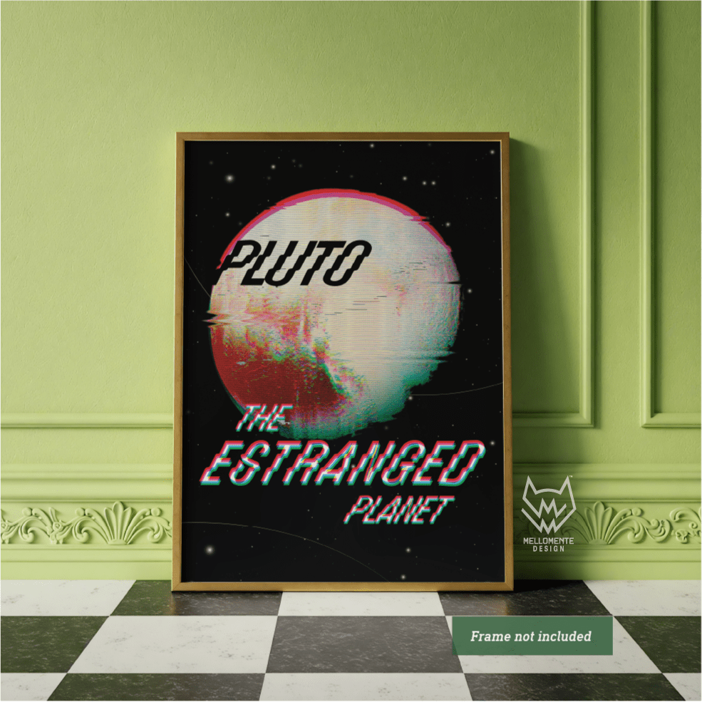 Framed poster of Pluto with text 'The Estranged Planet' on a green wall. Framed art shown as display suggestion.