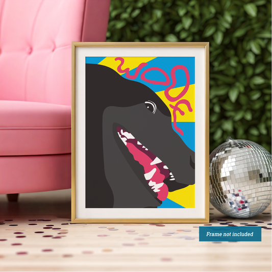 Framed colorful abstract art piece of a dog's face on a wooden floor with a pink couch and disco ball in the background. Framed art shown as display suggestion.