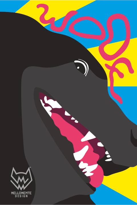 Abstract dog wall art with open mouth and colorful background.