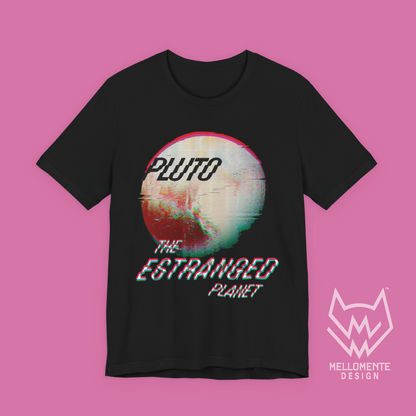 Black t-shirt with 'Pluto: The Estranged Planet' graphic design on a solid background.