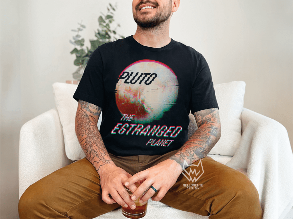 Man wearing a black t-shirt with 'Pluto: The Estranged Planet' design, sitting on a white chair.