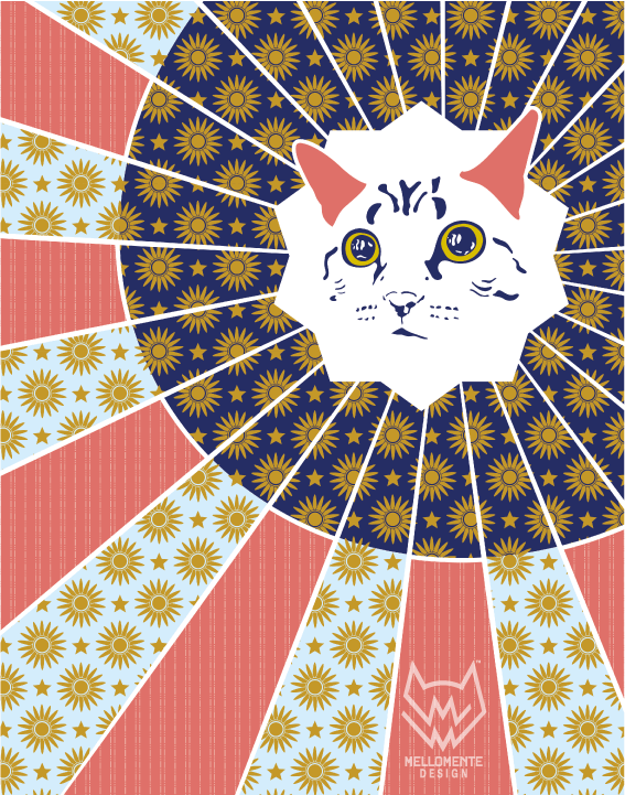 Retro cat art print with sunburst, stars, and colorful vintage patterns.