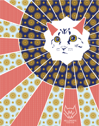 Retro cat art print with sunburst, stars, and colorful vintage patterns.