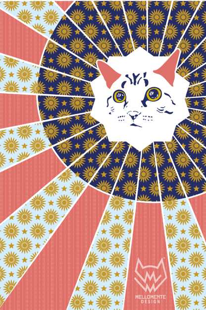Retro cat art print with sunburst, stars, and colorful vintage patterns.