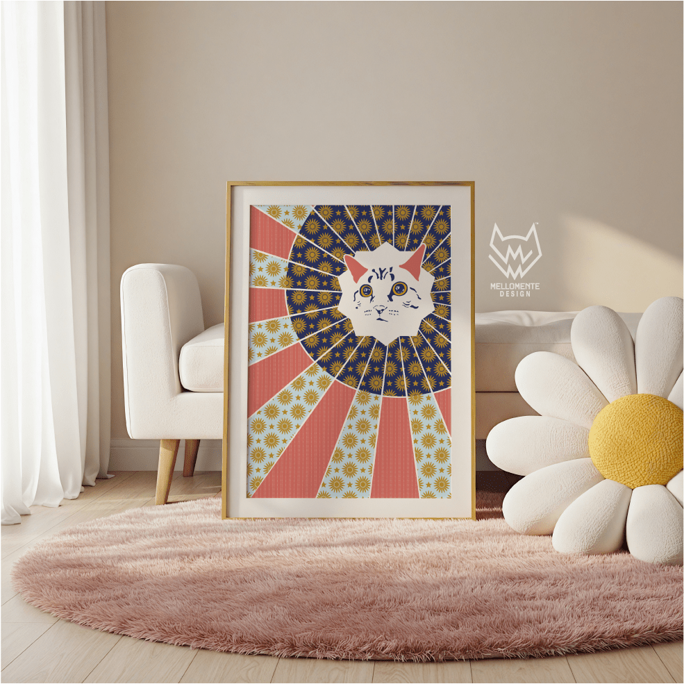 Framed artwork of a cat with a retro starburst design in a room with a rug and chair. Framed art shown as display suggestion.