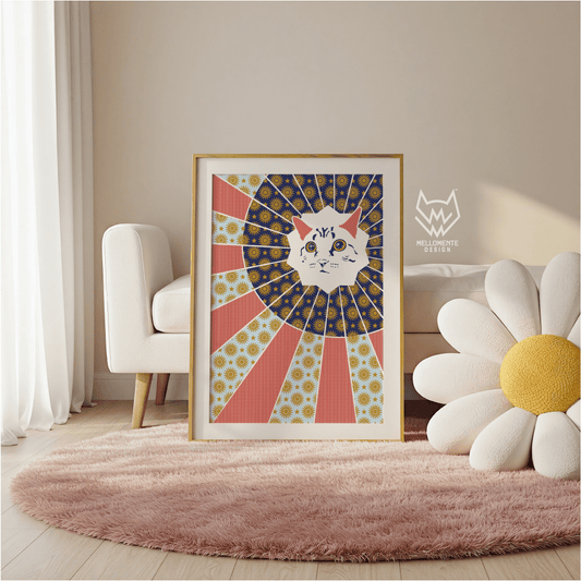 Framed artwork of a cat with a retro starburst design in a room with a rug and chair. Framed art shown as display suggestion.