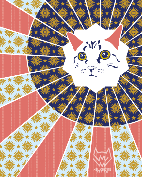 Retro cat art print with sunburst, stars, and colorful vintage patterns.
