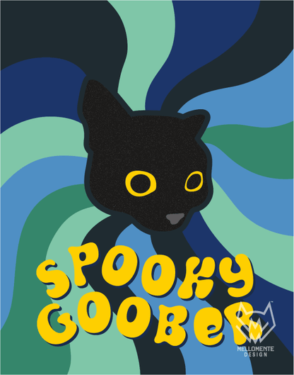 Black cat with yellow eyes on a colorful abstract background with 'Spooky Goober' text.