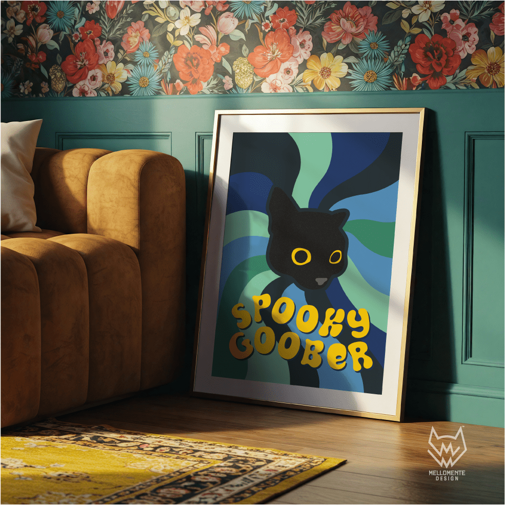 Framed artwork with 'Spooky Goober' text in a colorful abstract design, leaning against a wall. Framed art shown as display suggestion.