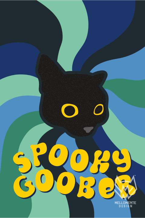 Black cat with yellow eyes on a colorful abstract background with 'Spooky Goober' text.