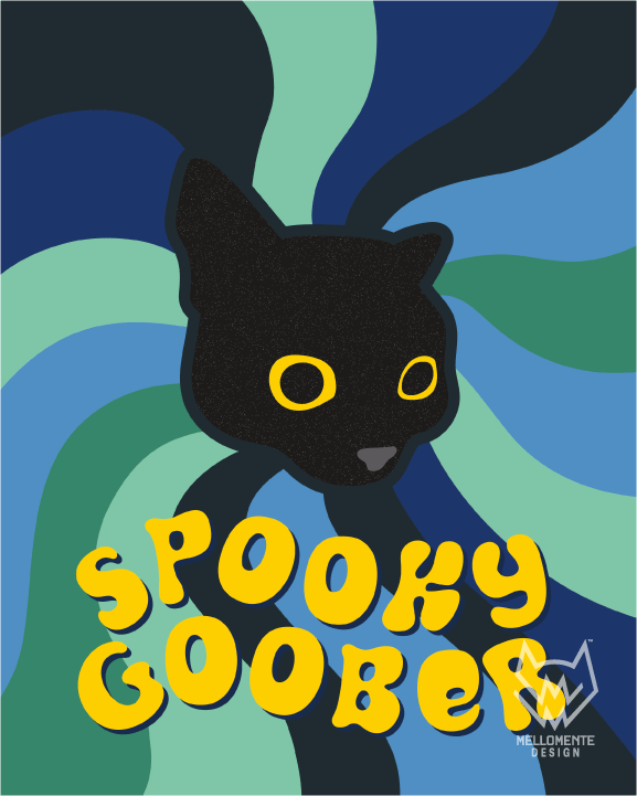 Black cat with yellow eyes on a colorful abstract background with 'Spooky Goober' text.
