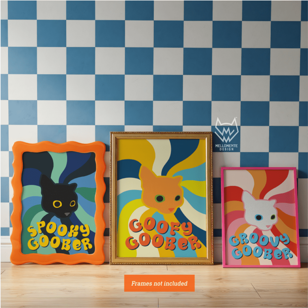 Three colorful framed artworks of cartoon cats against a checkered wall.